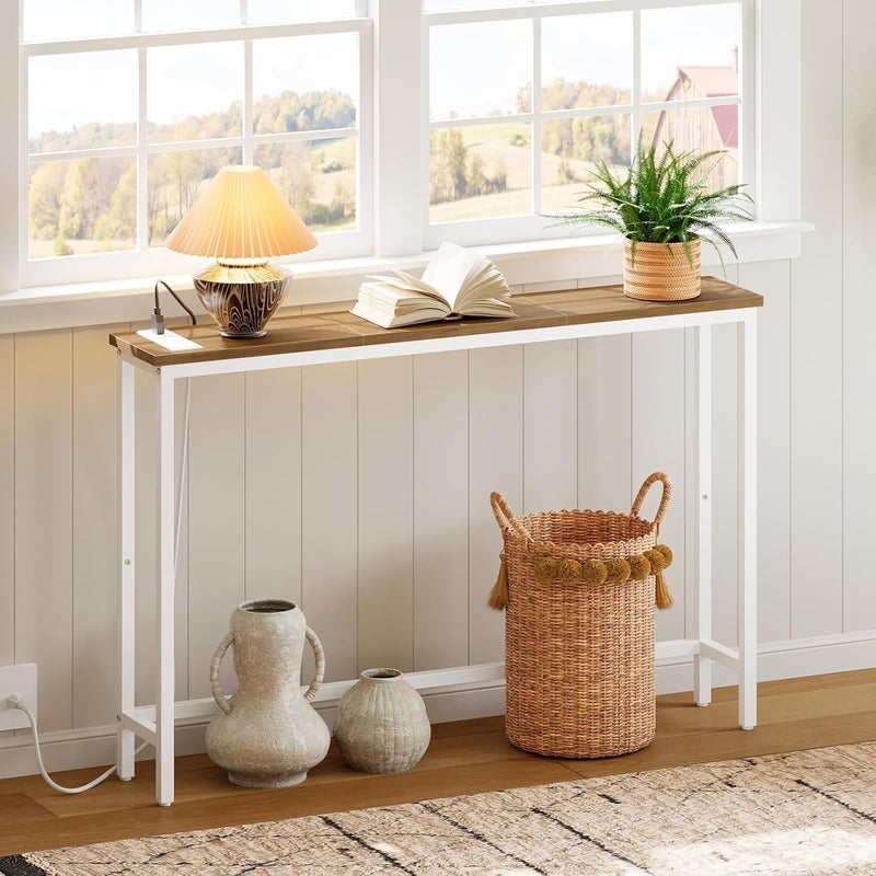 HOOBRO Narrow Console Table with Power Outlets, 44.9 Inches Sofa Table, Slim Behind Couch Table, Entryway Table with Display Shelf, for Living Room, Foyer, Hallway, Walnut and White WH114UXG01 - Image 5